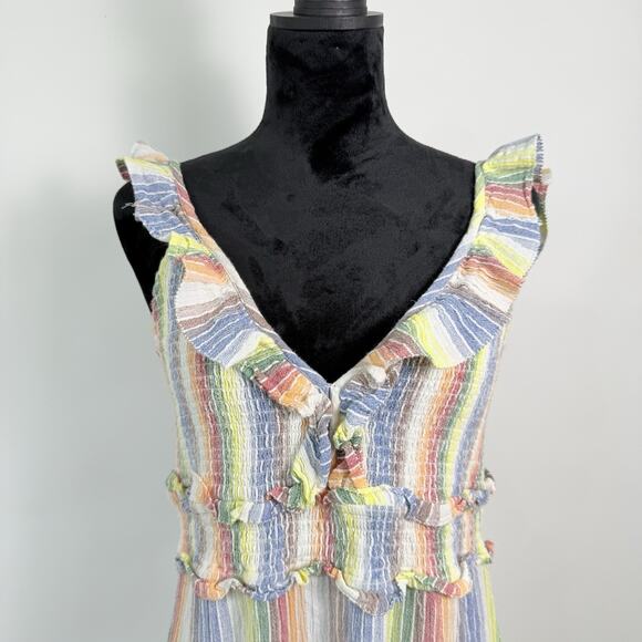 Saylor Alma Mini Dress Tag XL Fit Medium Colorful Striped Ruffle Smocked - READ‎ - Picture 2 of 7